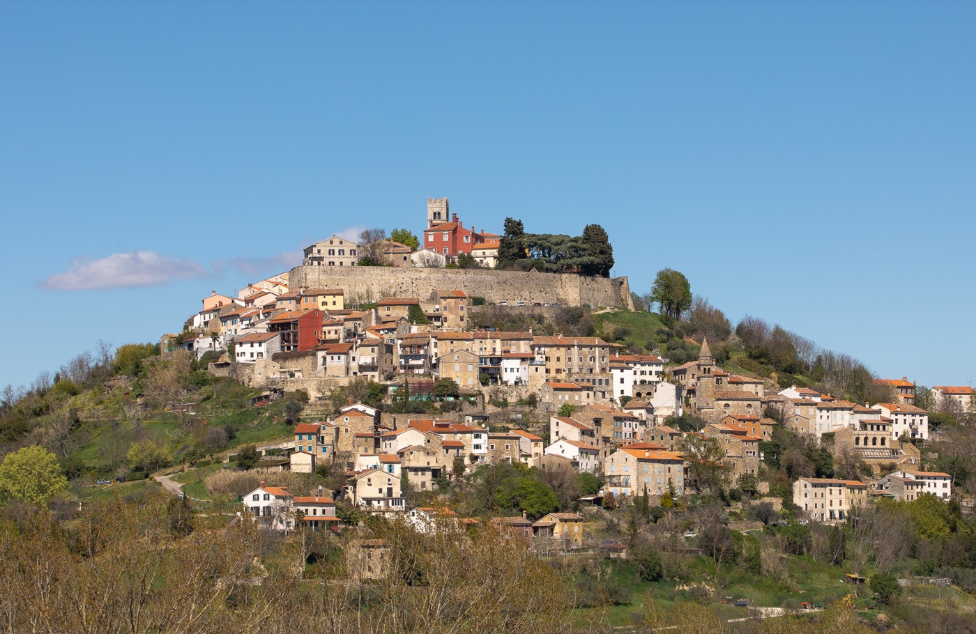 Blick auf die Hügelstadt Motovun mit historischen Mauern und Mirna-Tal